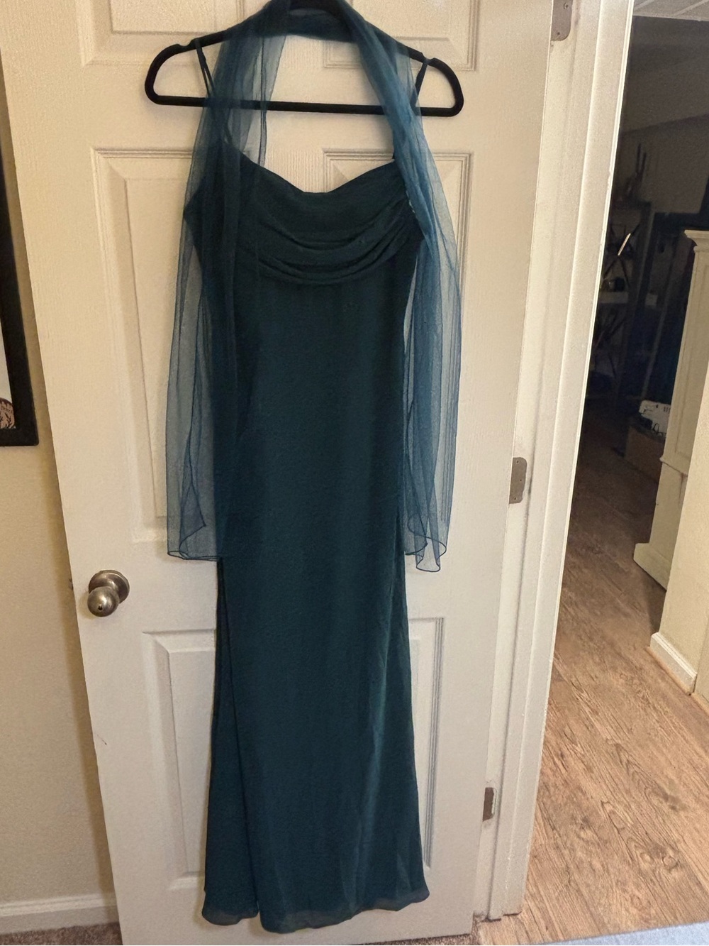 Deep green Evening Gown with Sheer Shawl
